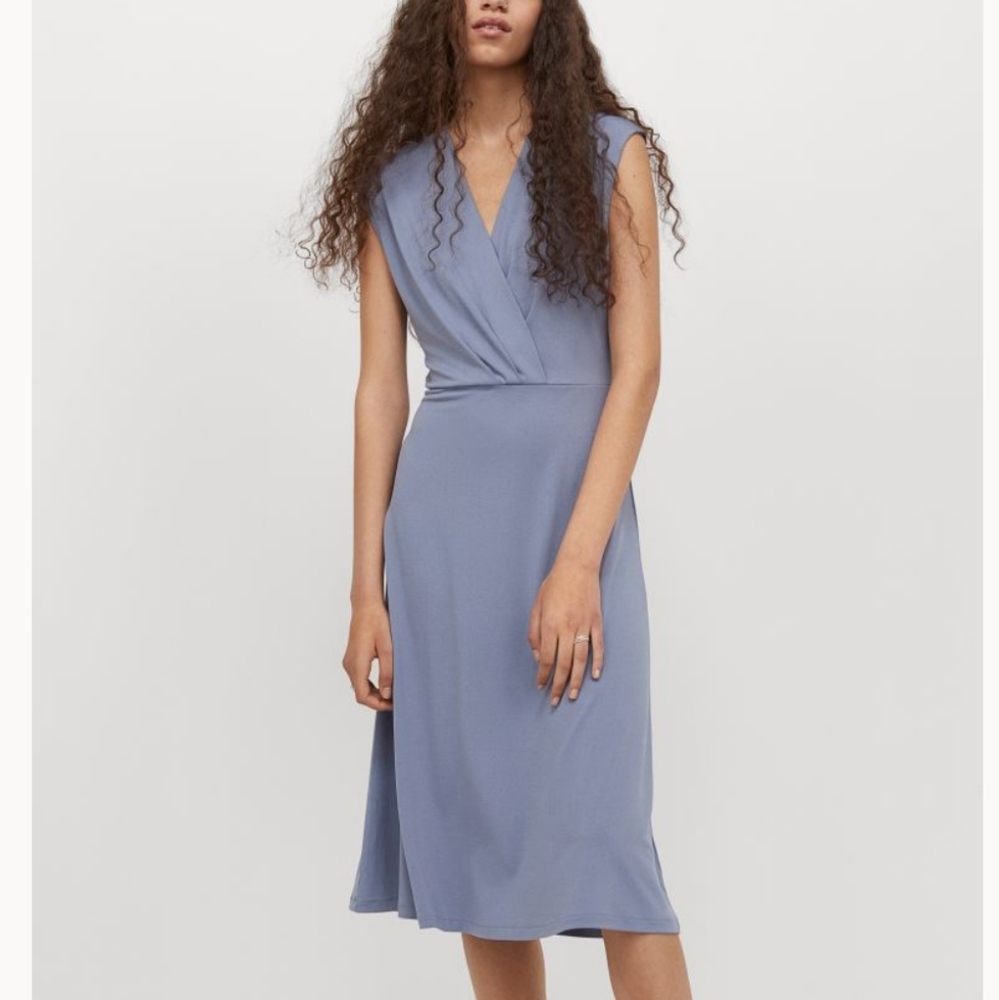 Blue V Neck Wrap Midi Dress